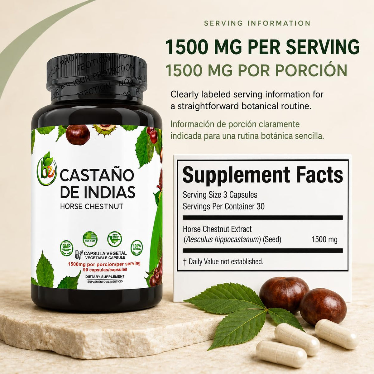 B-Experts Castaño de Indias gélules avec une mesure à côté