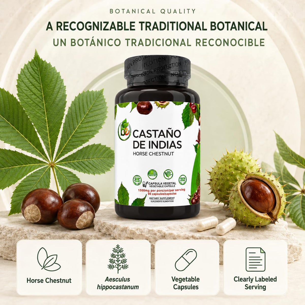 B-Experts Castaño de Indias gélules sur une table en bois