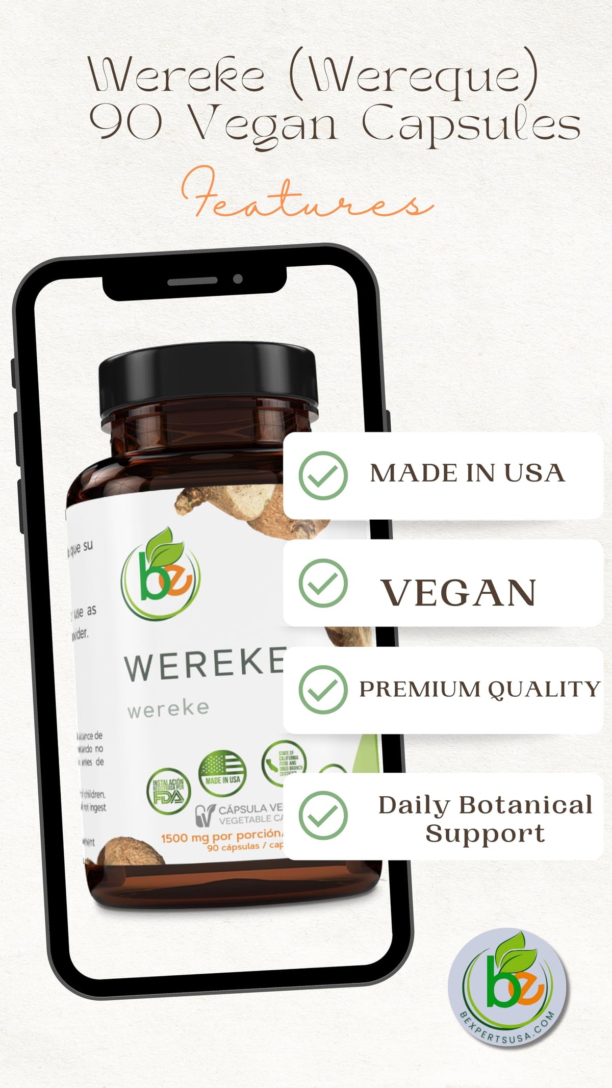 B-Experts Wereke 1500 mg 90 capsules sur fond blanc