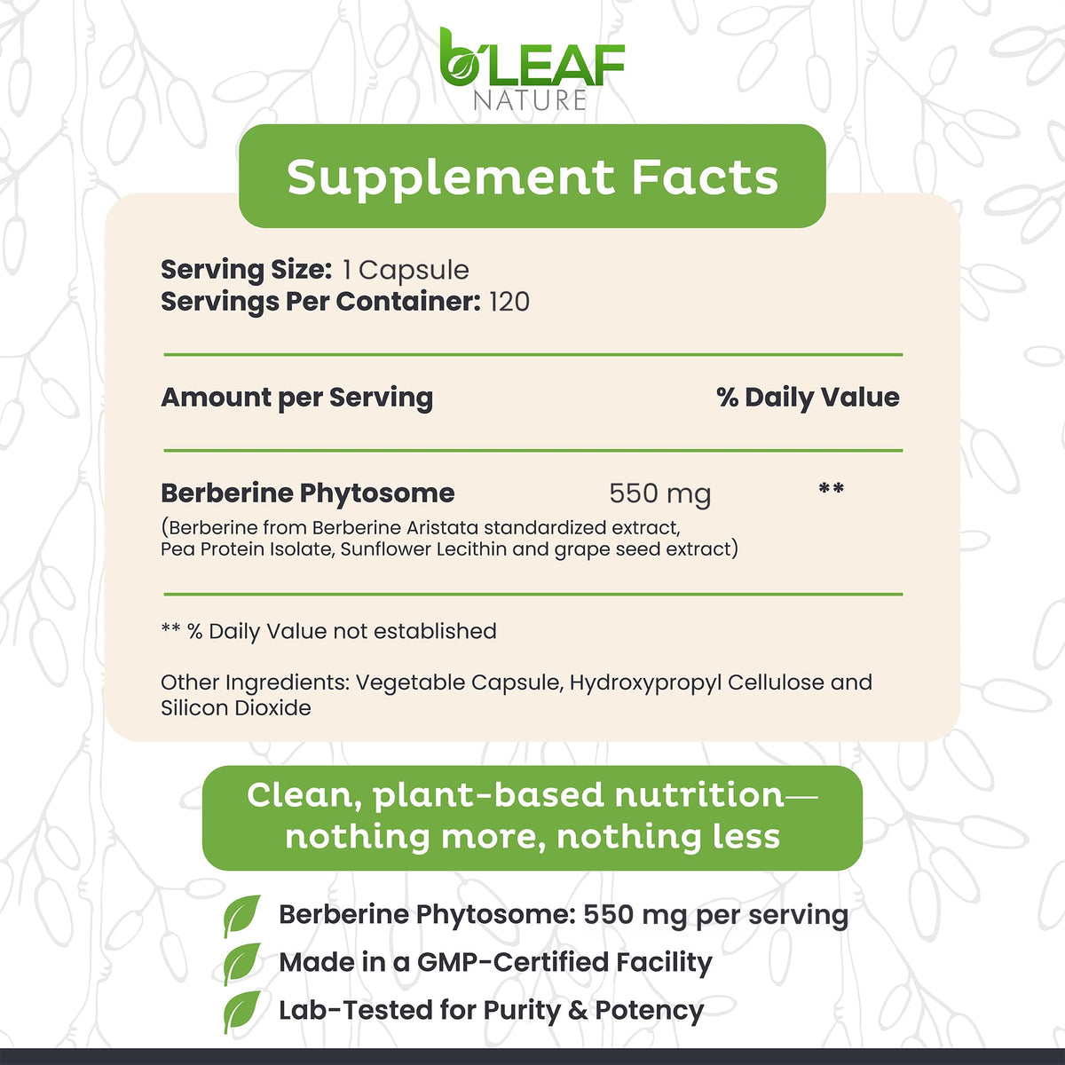B'LEAF NATURE Berbérine Phytosome 1100mg capsules à l'intérieur