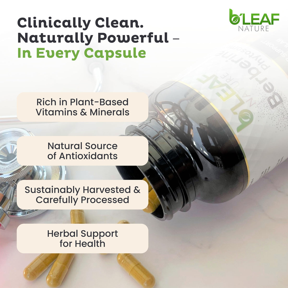 B'LEAF NATURE Berbérine Phytosome 1100mg capsules avec un verre d'eau