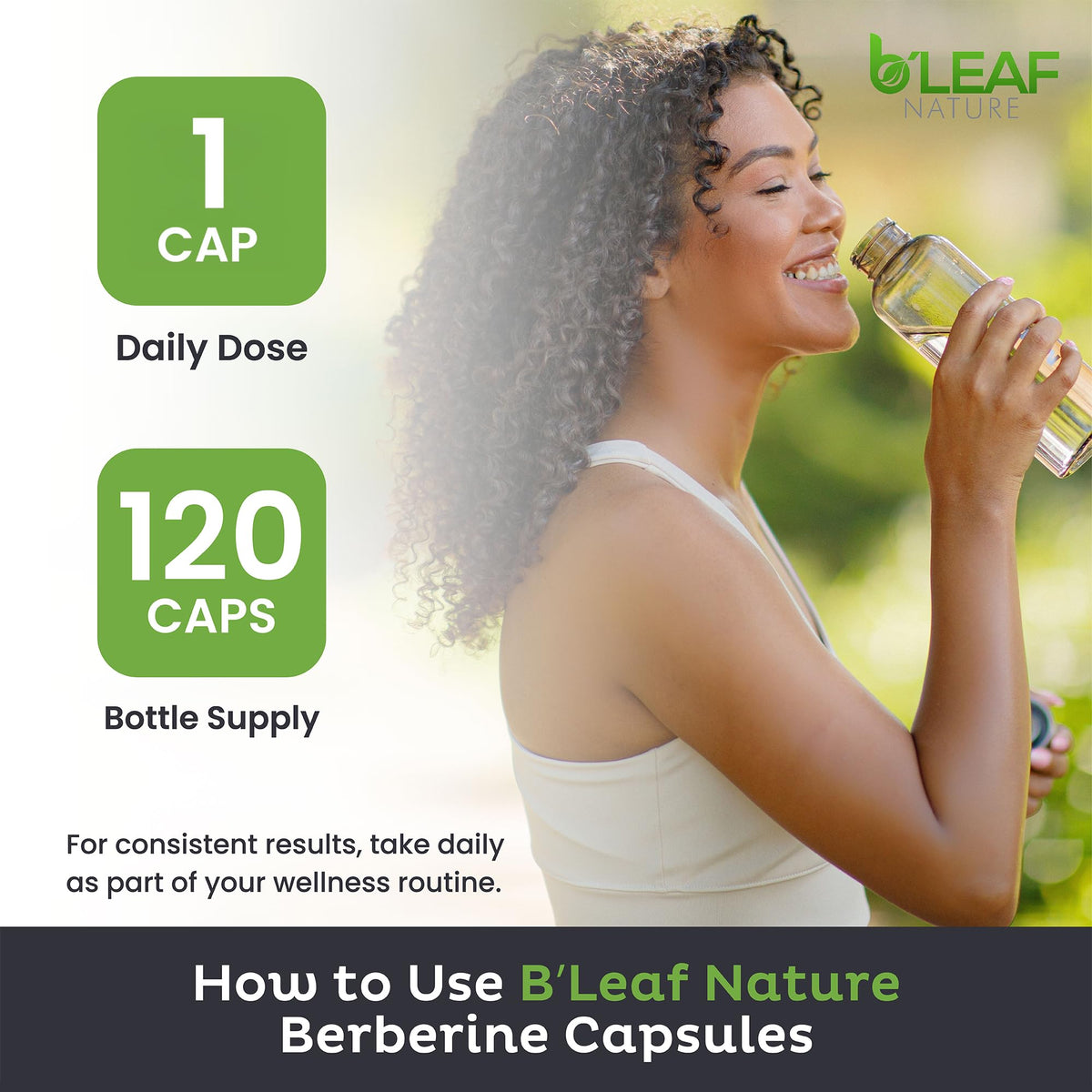 B'LEAF NATURE Berbérine Phytosome 1100mg capsules sur un fond naturel