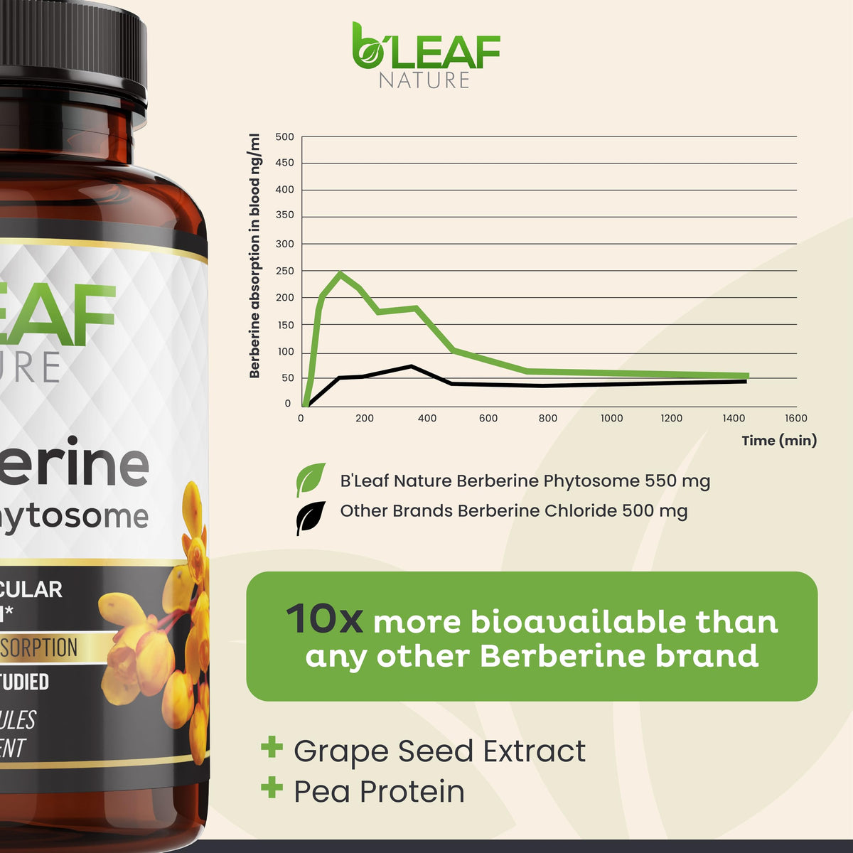 B'LEAF NATURE Berbérine Phytosome 1100mg vue latérale de la boîte