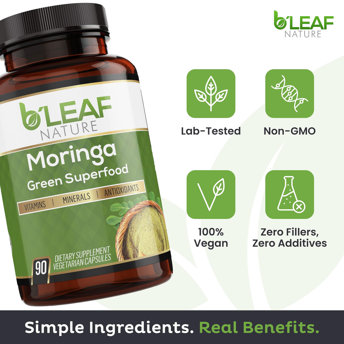 B'LEAF NATURE capsules de moringa 1000mg avec une cuillère à côté