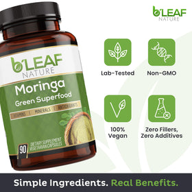 B'LEAF NATURE capsules de moringa 1000mg avec une cuillère à côté