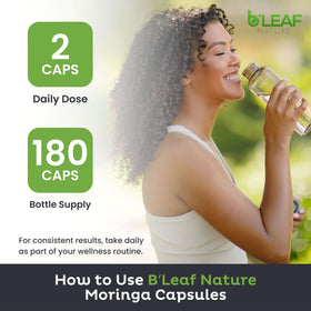 B'LEAF NATURE Capsules de Moringa 1000mg - capsules à côté d'une cuillère