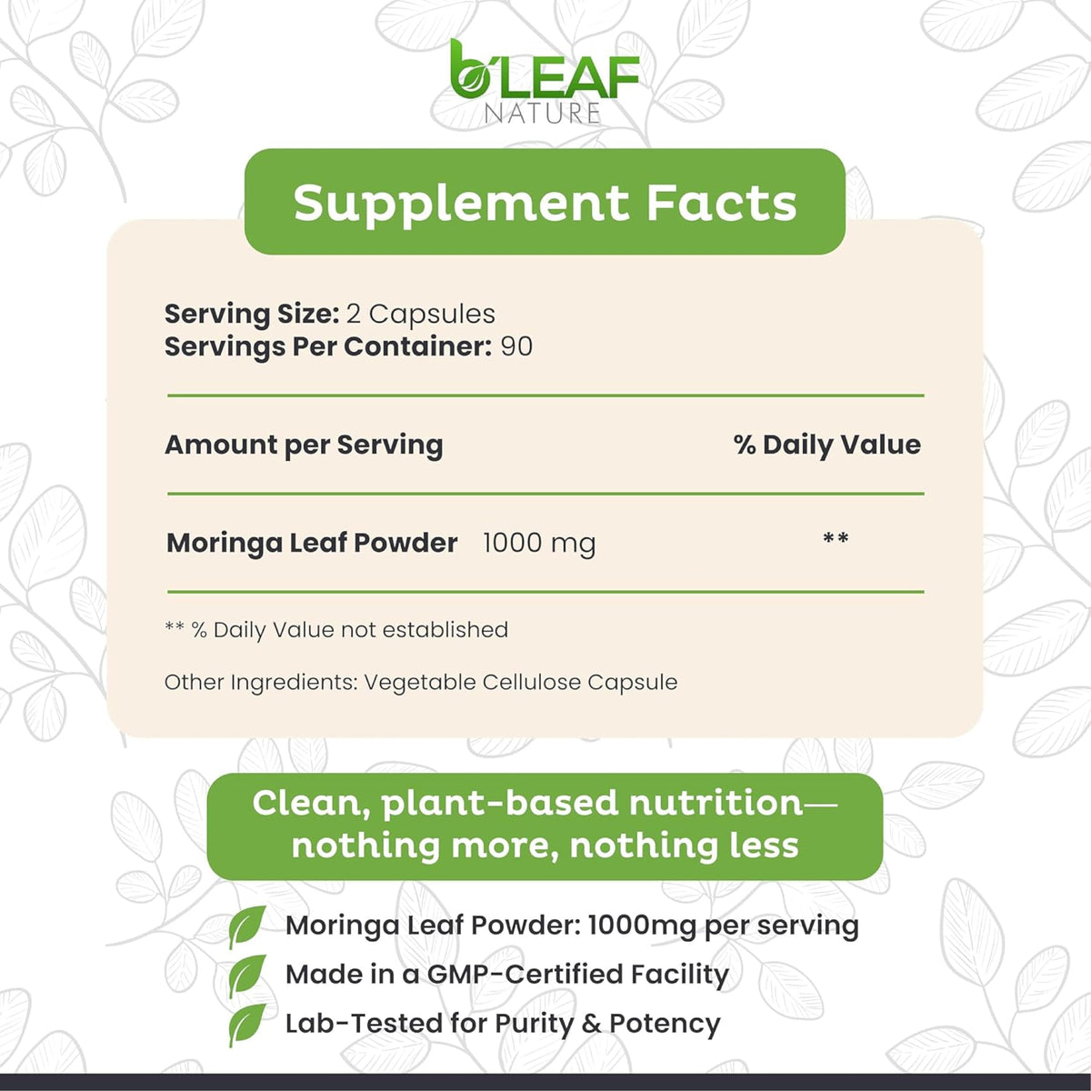 B'LEAF NATURE Capsules de Moringa 1000mg - vue latérale du flacon