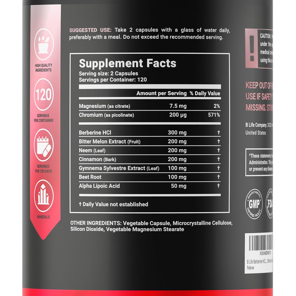 B Life Berberine Complex+ 240 capsules vue de côté montrant l'emballage