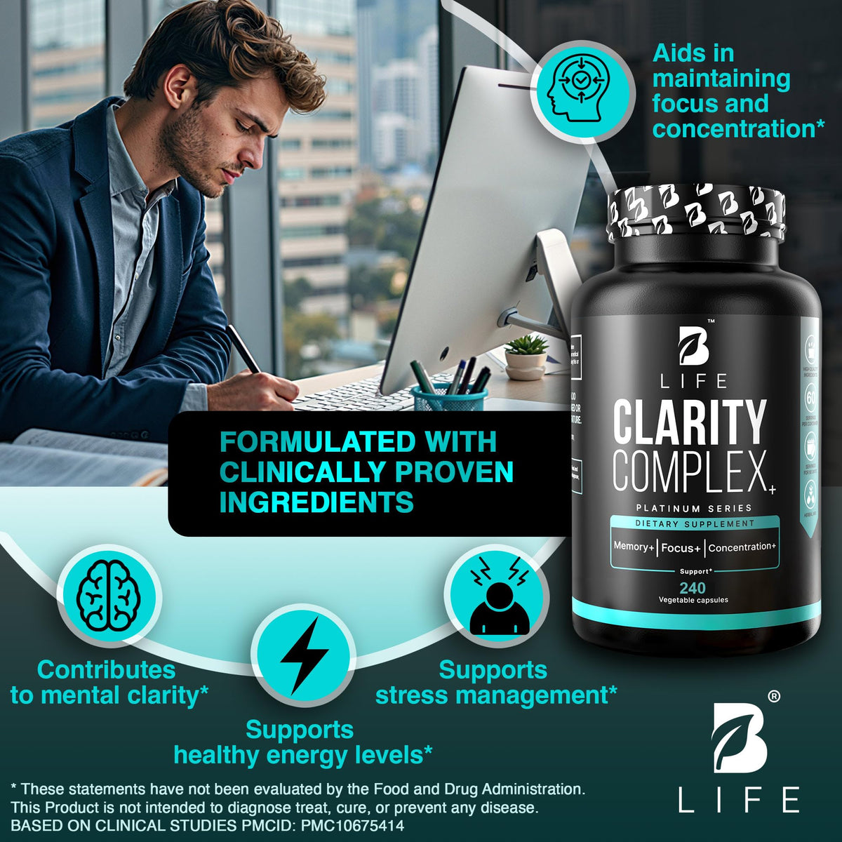 B Life Company Capsules de Champignon Crinière de Lion à côté d'un verre d'eau