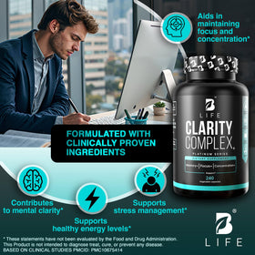 B Life Company Capsules de Champignon Crinière de Lion à côté d'un verre d'eau