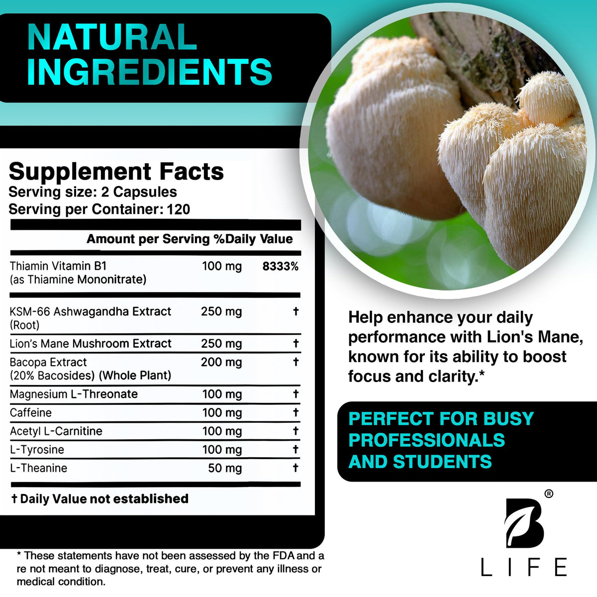 B Life Company Capsules de Champignon Crinière de Lion ouvertes avec capsules visibles