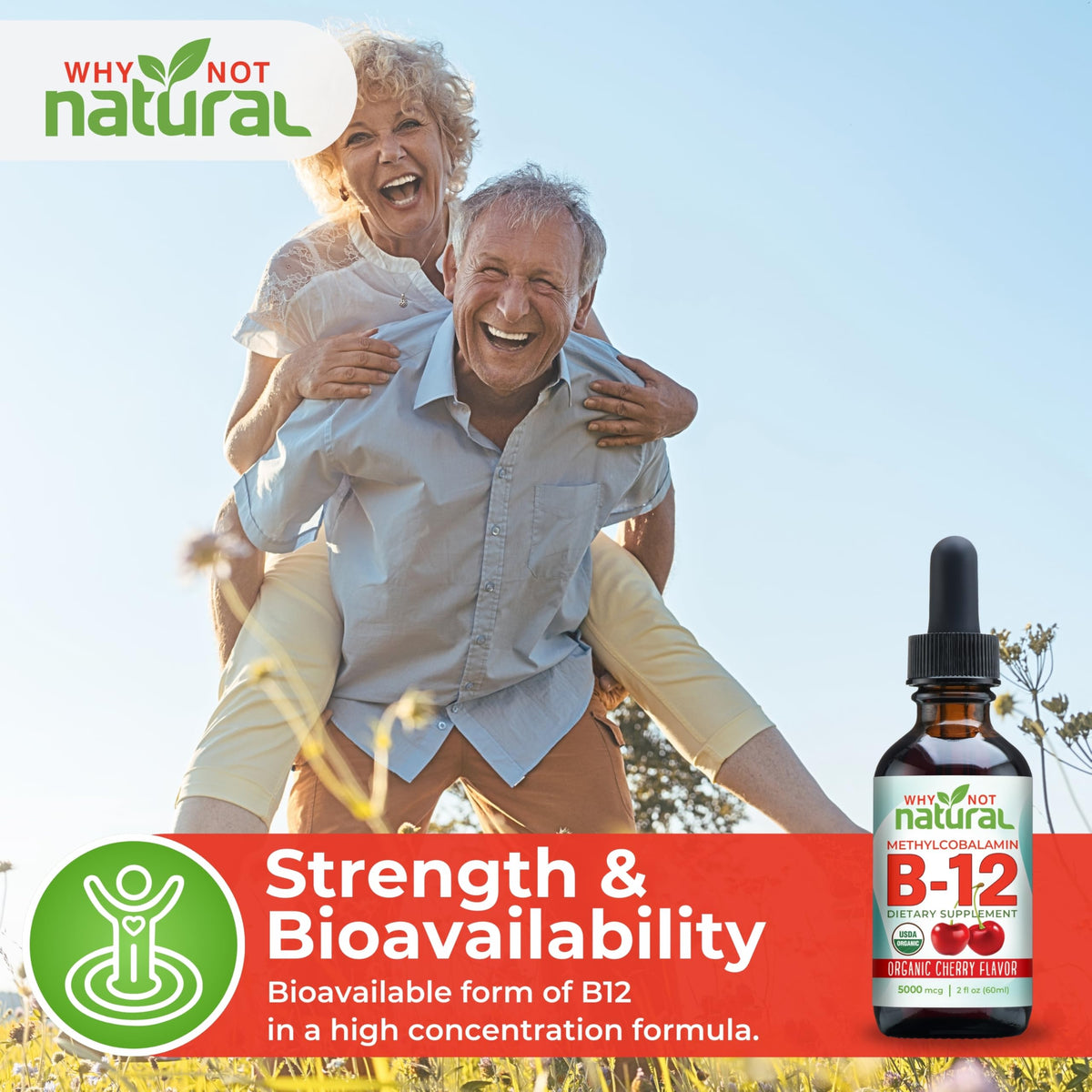 B12 Liquide 5000 mcg de Why Not Natural, vue de côté
