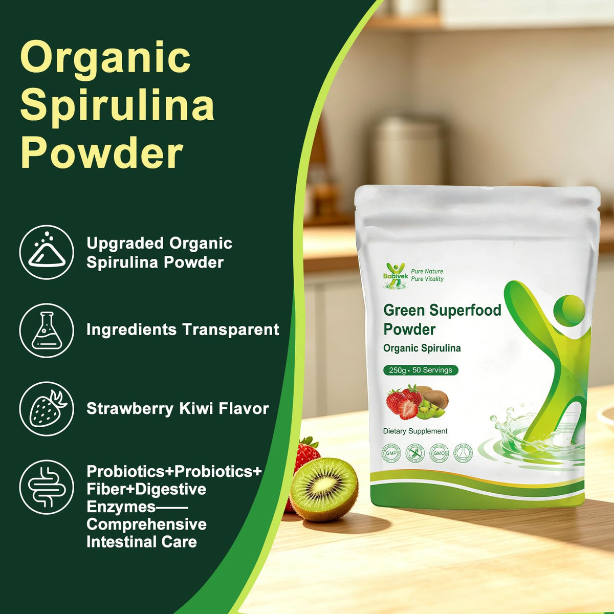 Babivek Poudre de Super Greens Bio dans un bol avec fruits