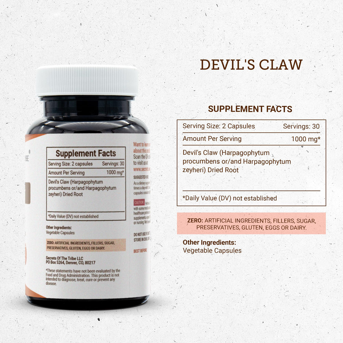 Back view of Secrets of the Tribe Devil's Claw 60 Capsules packaging