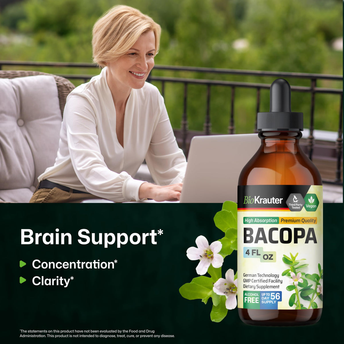 Bacopa Monnieri BIO KRAUTER avec étiquette et informations nutritionnelles