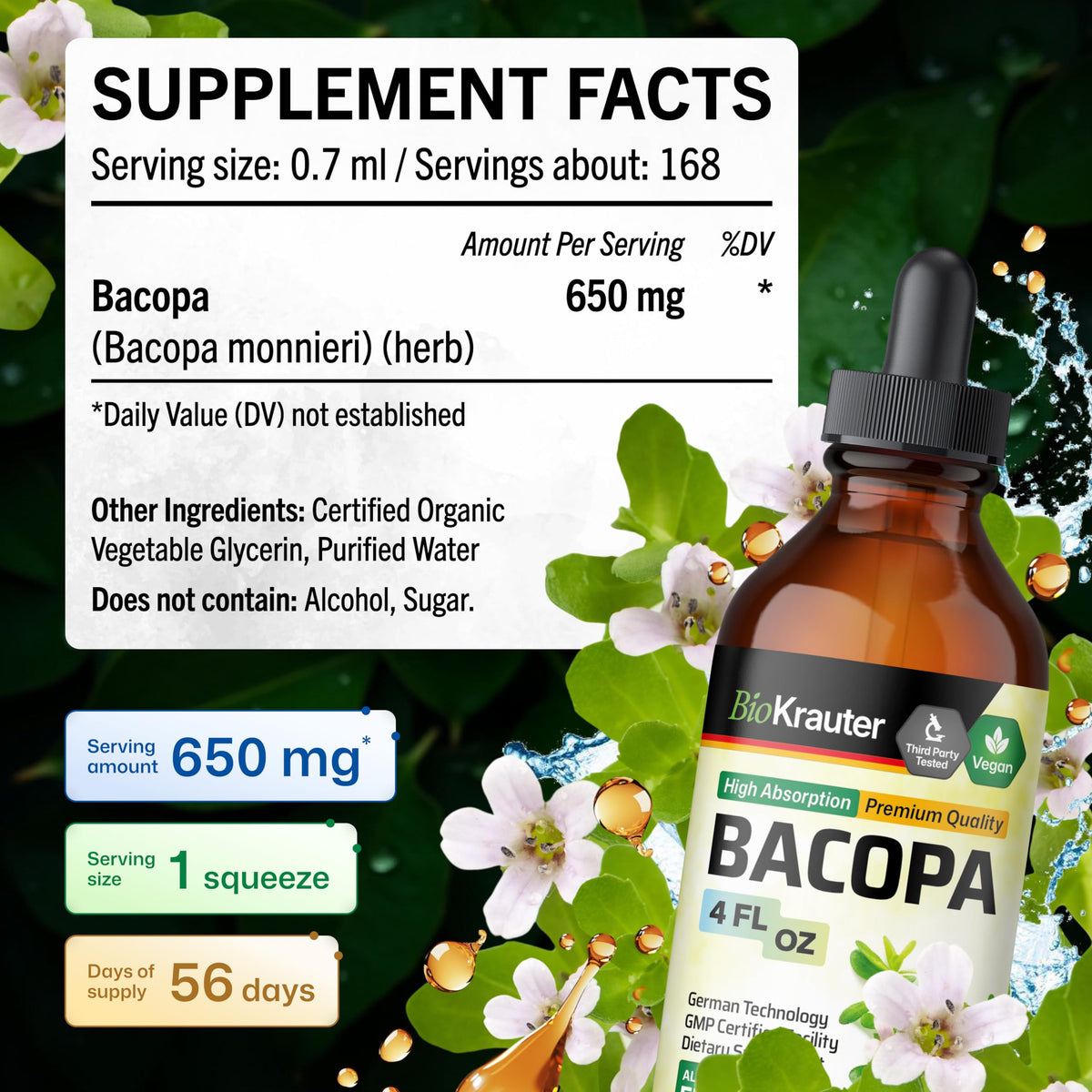 Bacopa Monnieri BIO KRAUTER sur une table en bois avec des plantes