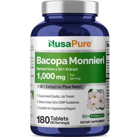 Bacopa Monnieri NusaPure 1000mg bouteille 180 comprimés vue de face
