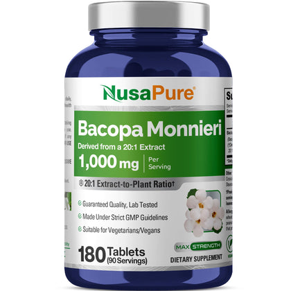 Bacopa Monnieri NusaPure 1000mg bouteille 180 comprimés vue de face