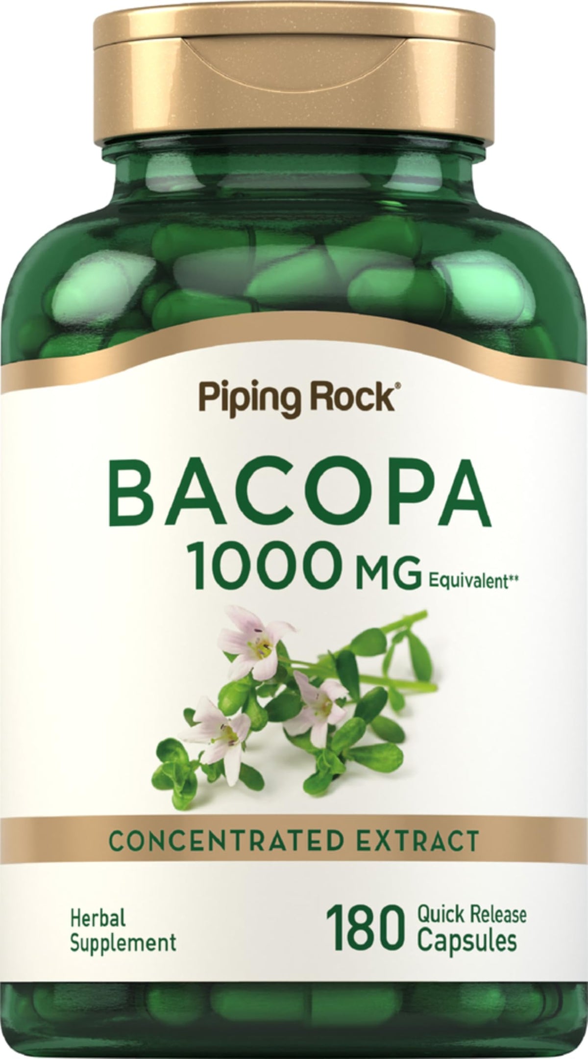 Bacopa Monnieri Piping Rock 180 capsules vue avant avec étiquette