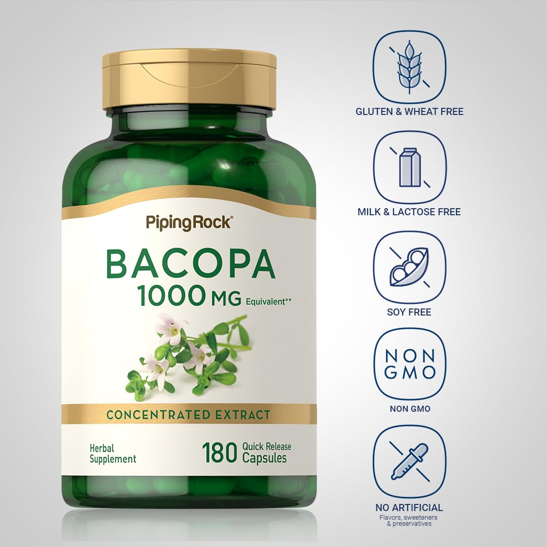 Bacopa Monnieri Piping Rock capsules sur fond blanc