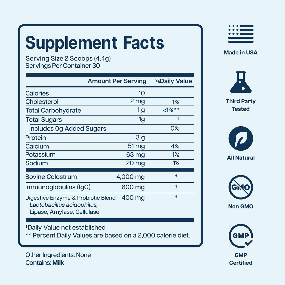 Baese Nutrition colostrum bovin en poudre 4000mg 132g sur une table en bois