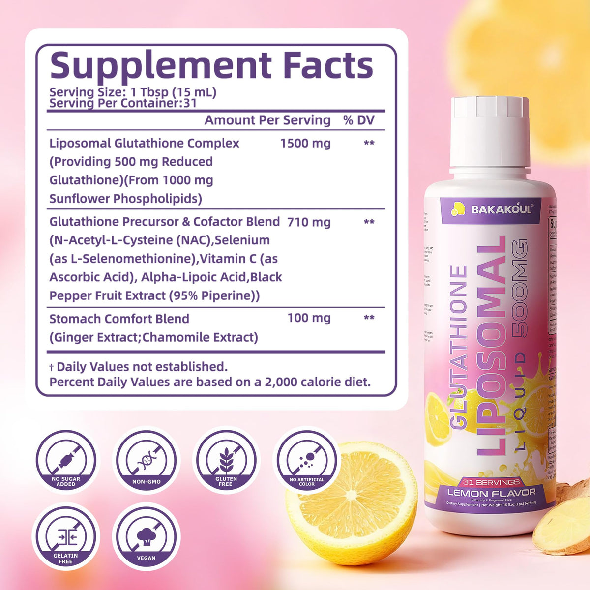 BAKAKOUL Glutathione Liposomal Liquide 500mg étiquette avec ingrédients