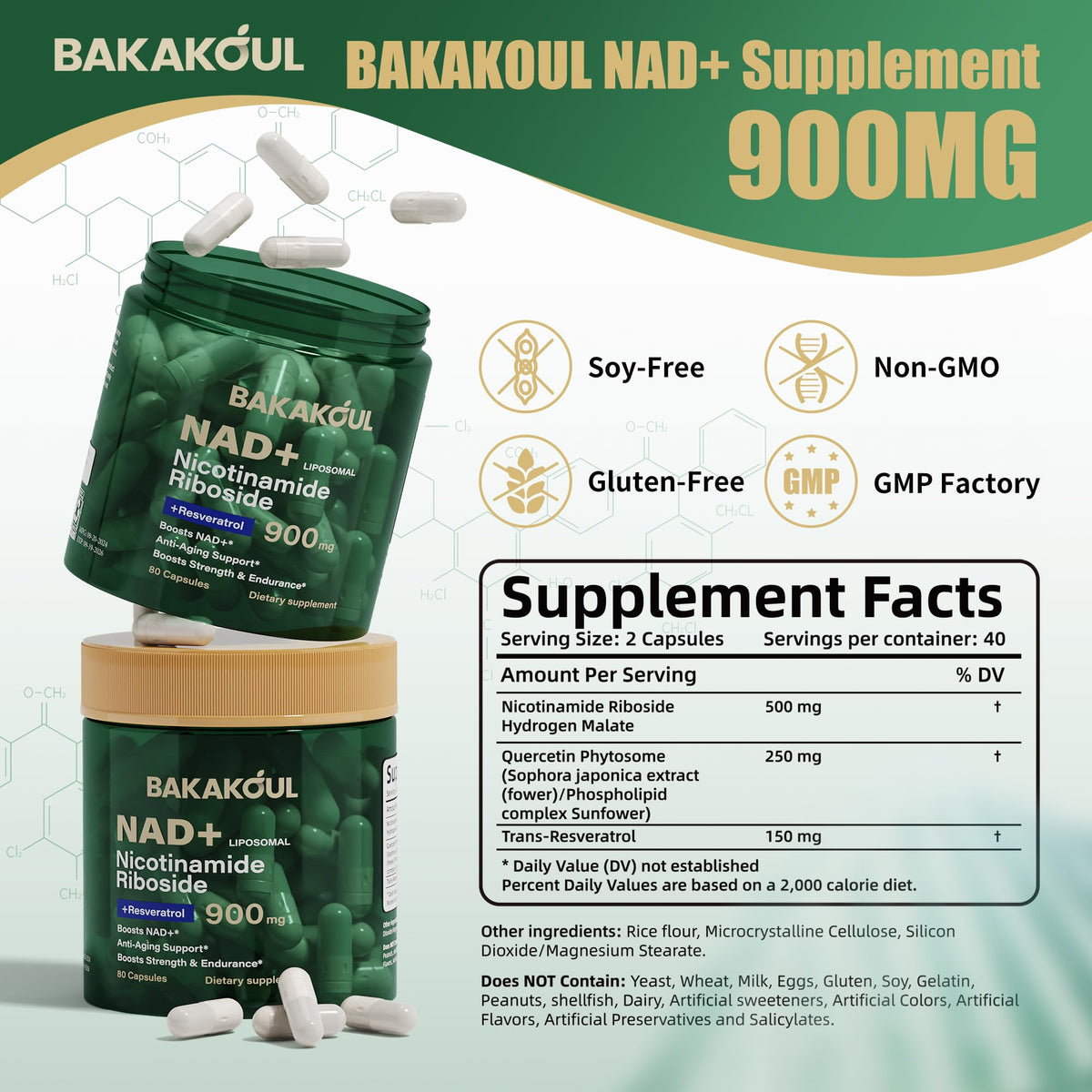 BAKAKOUL NAD+ Complément Alimentaire 900mg flacon ouvert avec capsules