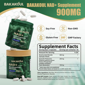 BAKAKOUL NAD+ Complément Alimentaire 900mg flacon ouvert avec capsules