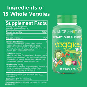 Balance of Nature Complément Alimentaire Superfood Veggies, détails des ingrédients sur l'emballage