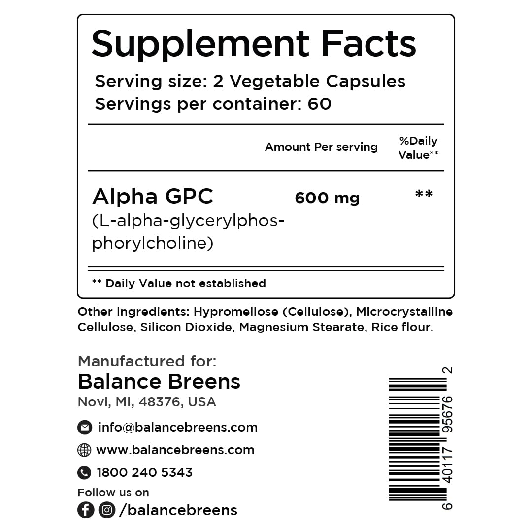 Balancebreens Alpha GPC Choline 600mg 120 capsules végétales sur fond blanc
