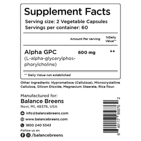 Balancebreens Alpha GPC Choline 600mg 120 capsules végétales sur fond blanc