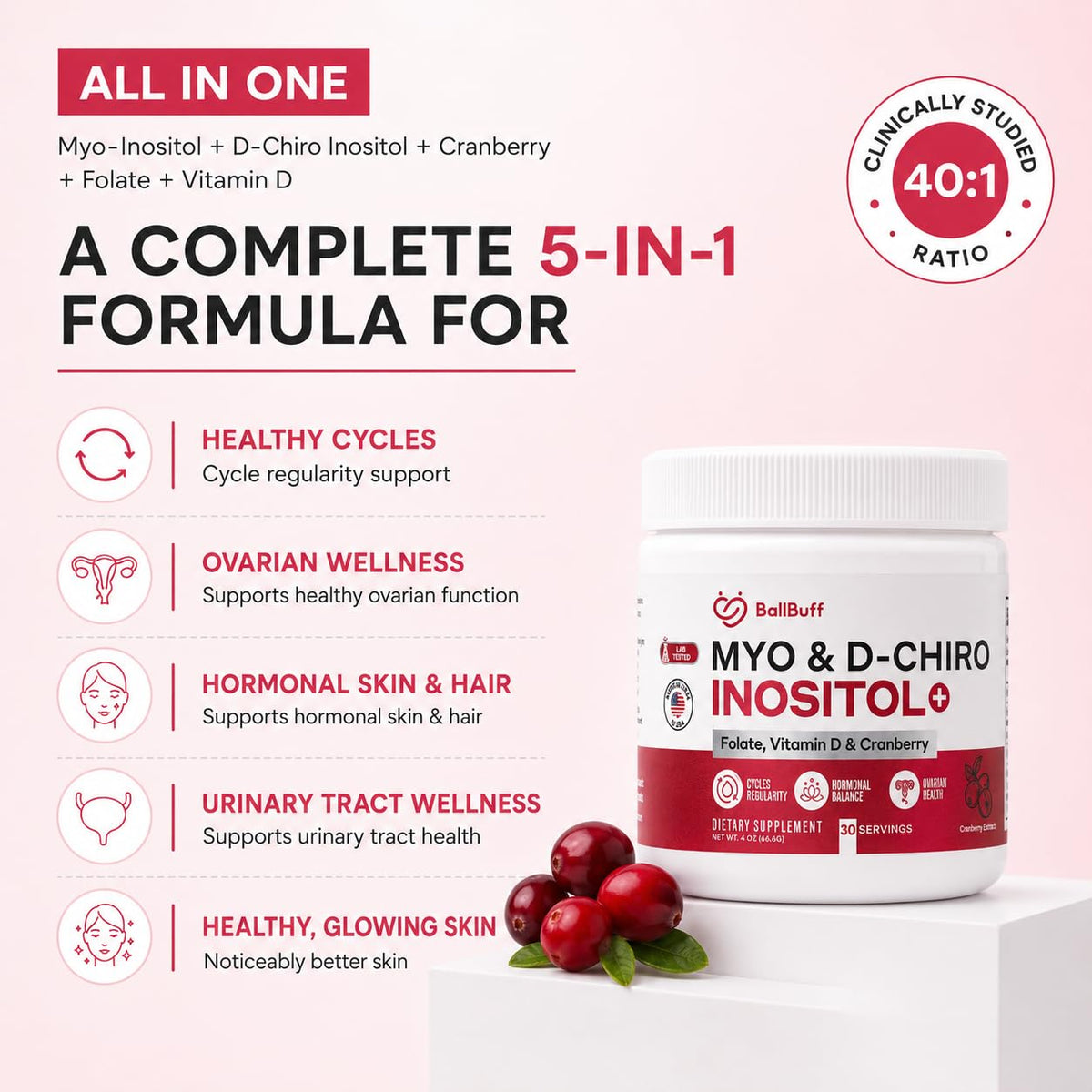 BallBuff Myo-Inositol et D-Chiro Inositol, emballage avec informations nutritionnelles