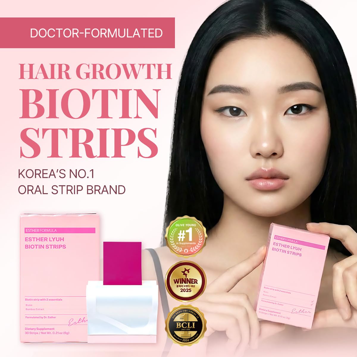 Bandes orales ESTHER FORMULA Biotin Strips sur fond blanc