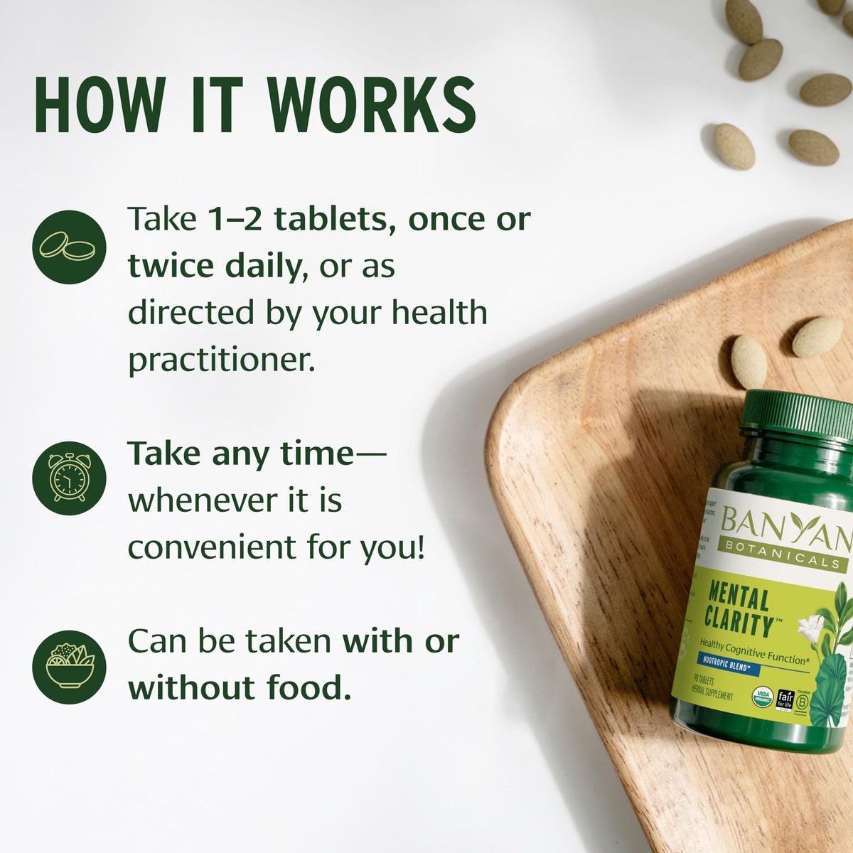 Banyan Botanicals Clarté Mentale comprimés sur une table