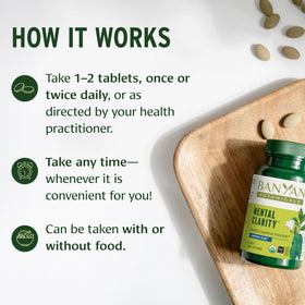 Banyan Botanicals Clarté Mentale comprimés sur une table