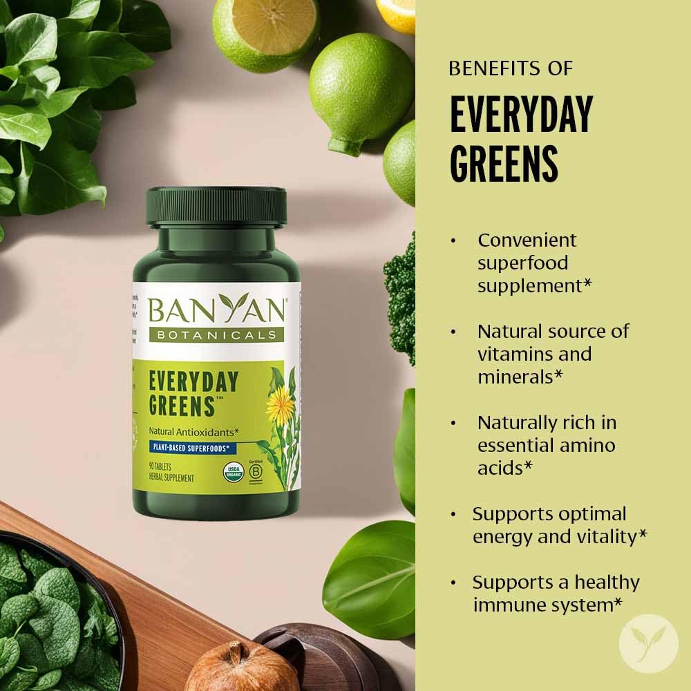 Banyan Botanicals Everyday Greens comprimés bio à l'intérieur du flacon
