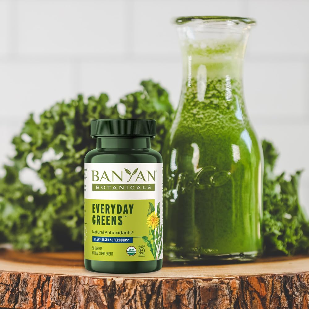 Banyan Botanicals Everyday Greens flacon avec étiquette claire