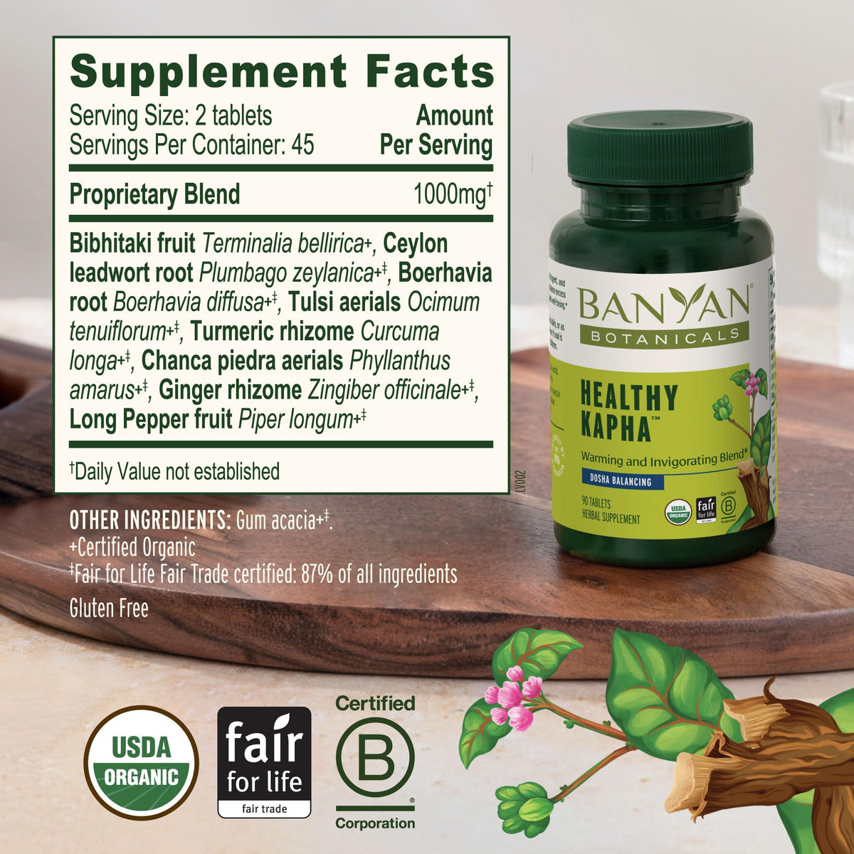 Banyan Botanicals Healthy Kapha comprimés sur fond blanc