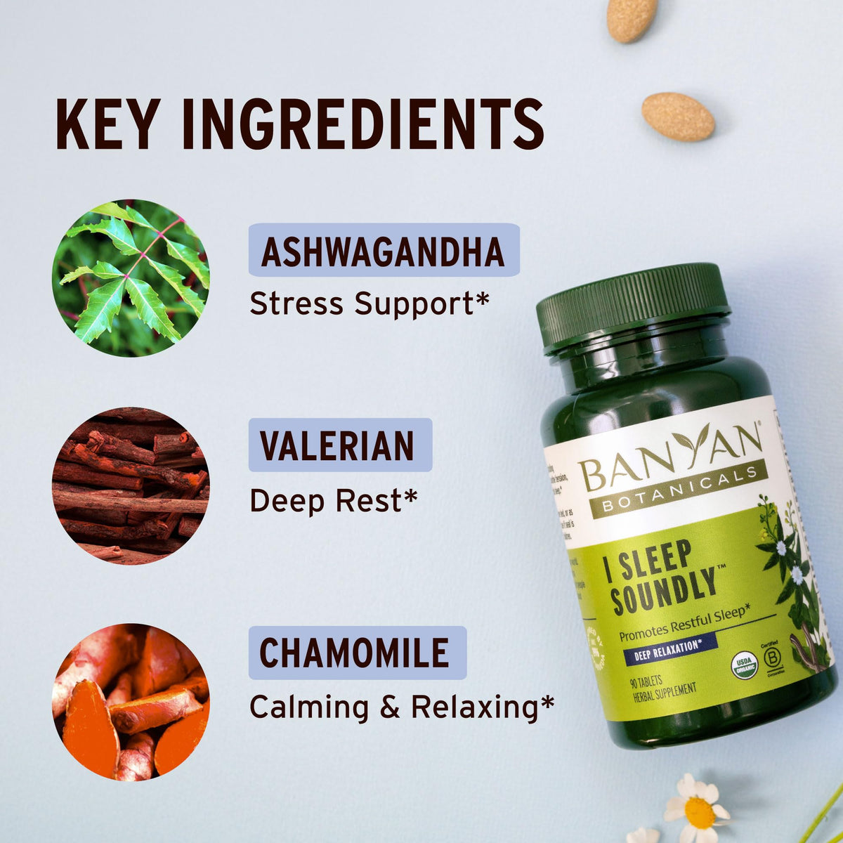Banyan Botanicals I Sleep Soundly comprimés sur une surface