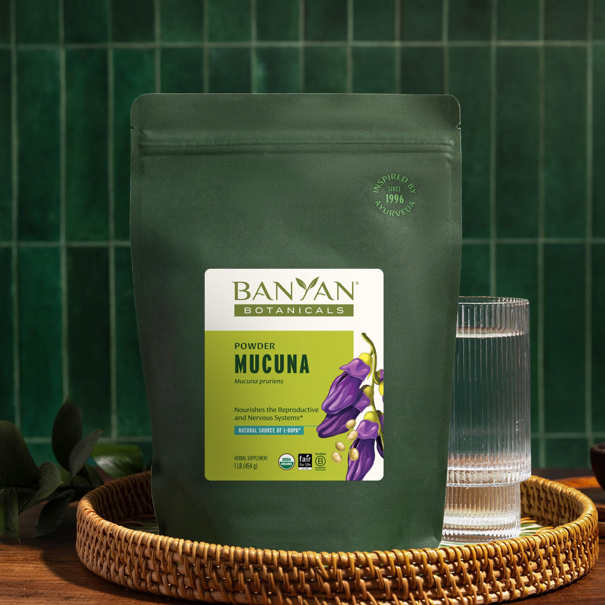 Banyan Botanicals Kapikacchu Poudre 465g avec un bol et des herbes