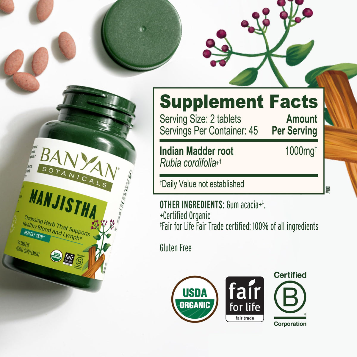 Banyan Botanicals Manjistha, comprimés bio dans un bol