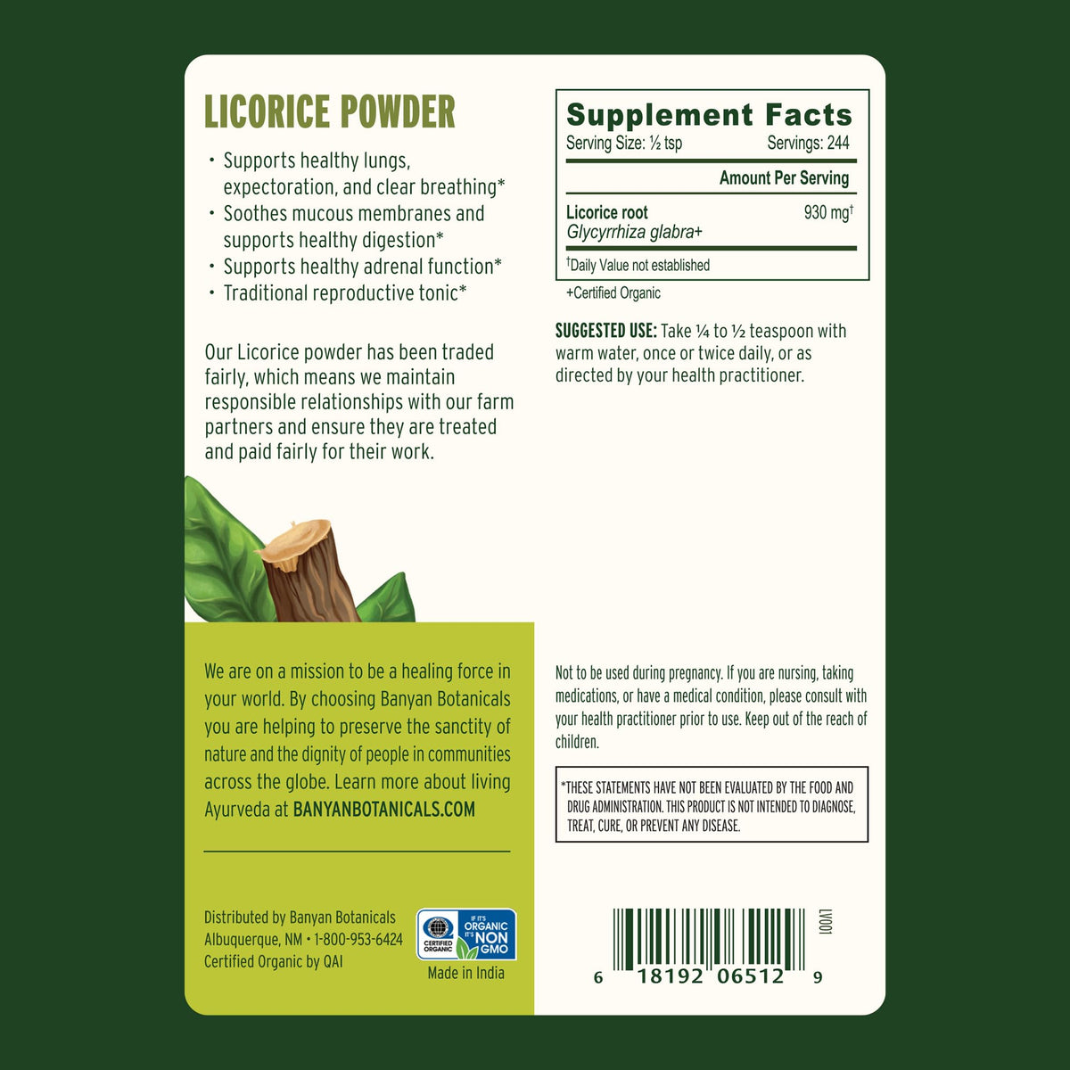 Banyan Botanicals Poudre de Réglisse Bio 240g vue arrière