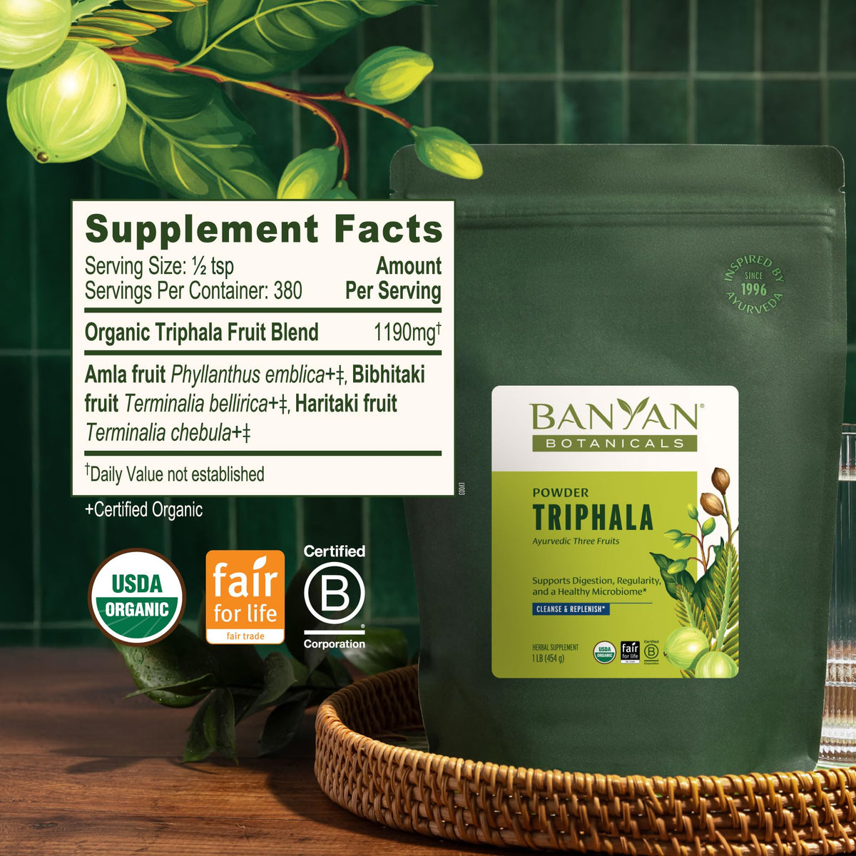 Banyan Botanicals Poudre de Triphala Bio 472g avec des fruits ayurvédiques