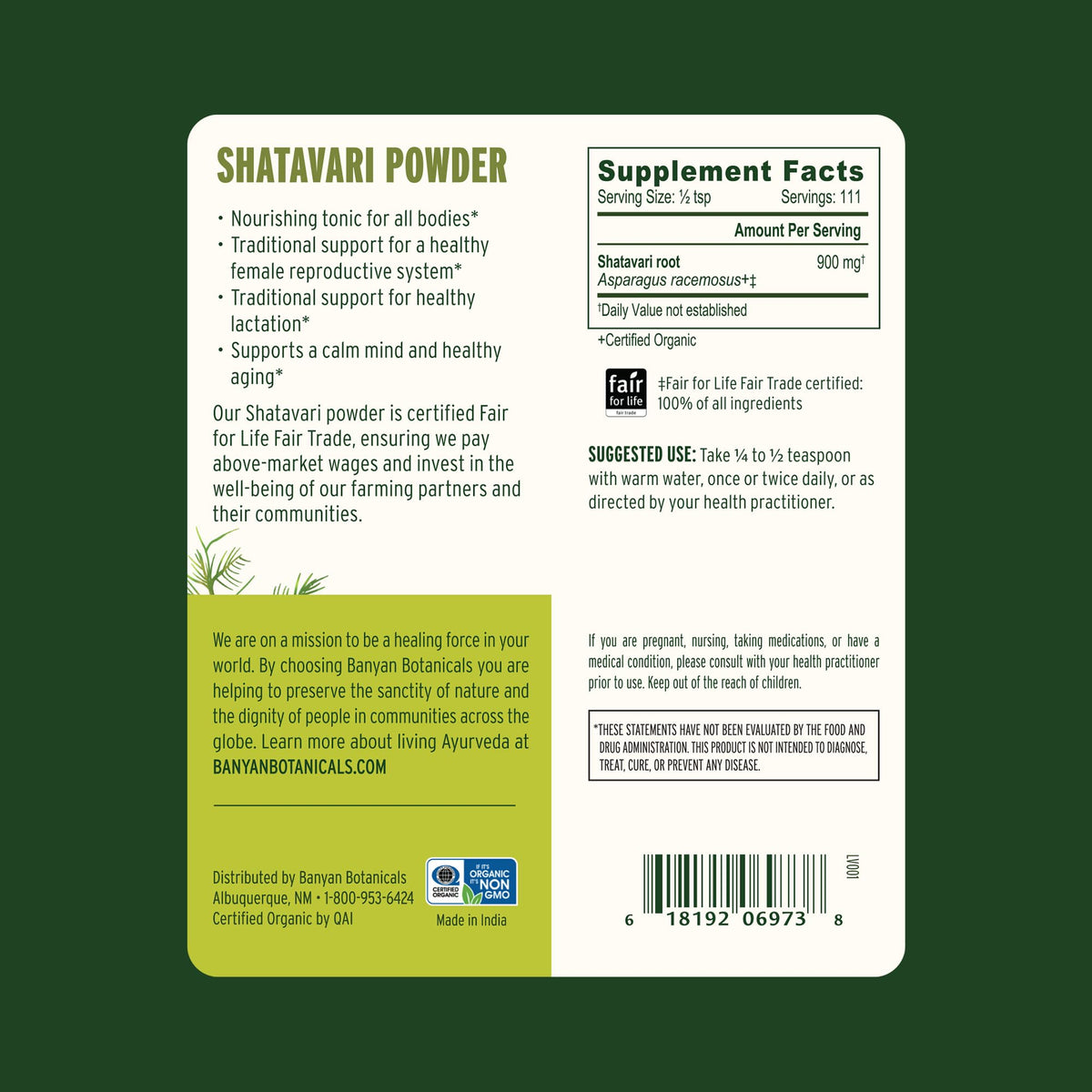 Banyan Botanicals Shatavari Poudre Bio 91g - vue latérale