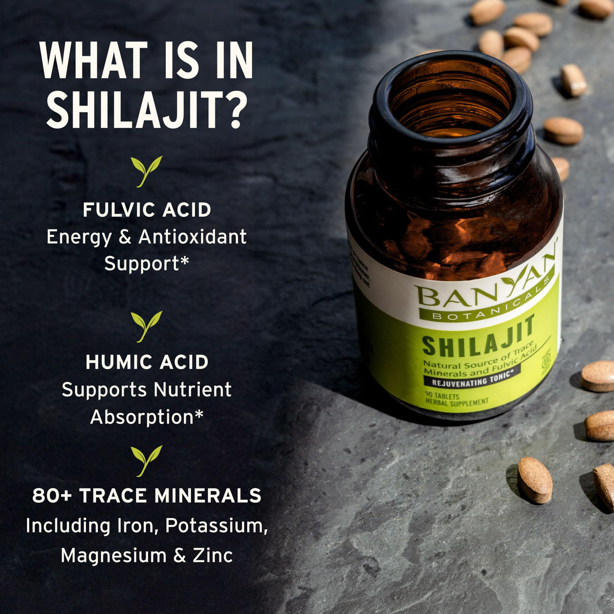 Banyan Botanicals Shilajit tablette pressée sur fond blanc