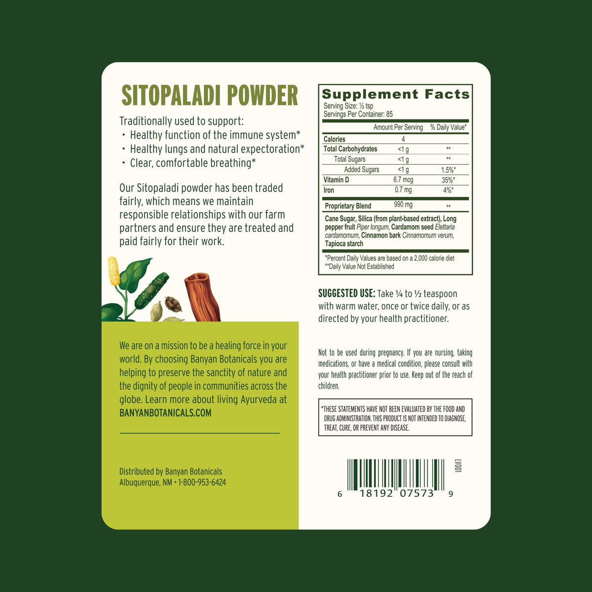 Banyan Botanicals Sitopaladi Poudre 100g vue arrière