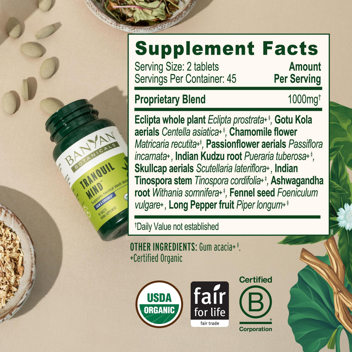 Banyan Botanicals Tranquil Mind comprimés sur fond blanc