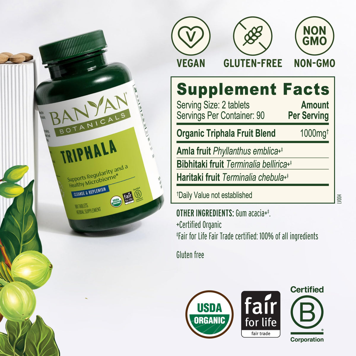 Banyan Botanicals Triphala Bio comprimés sur une surface