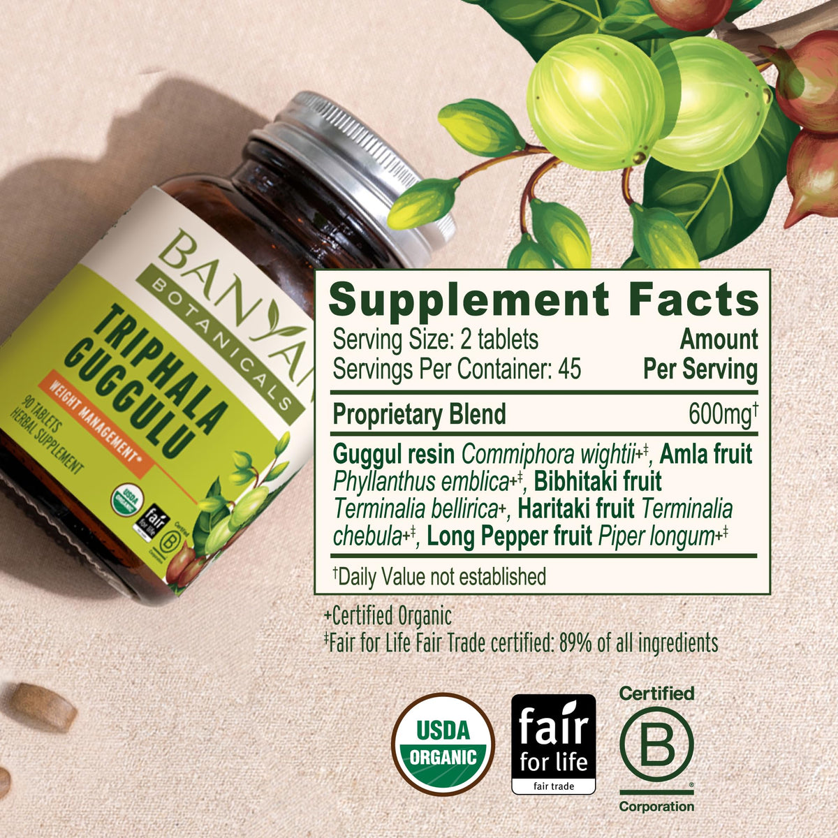 Banyan Botanicals Triphala Guggulu avec d'autres compléments alimentaires