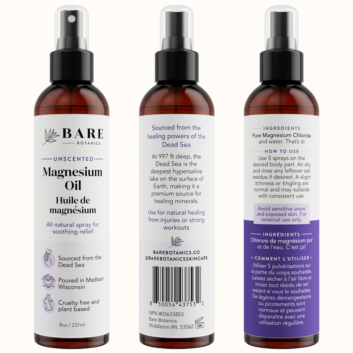 BARE BOTANICS Spray d'Huile de Magnésium 8oz dans un cadre naturel